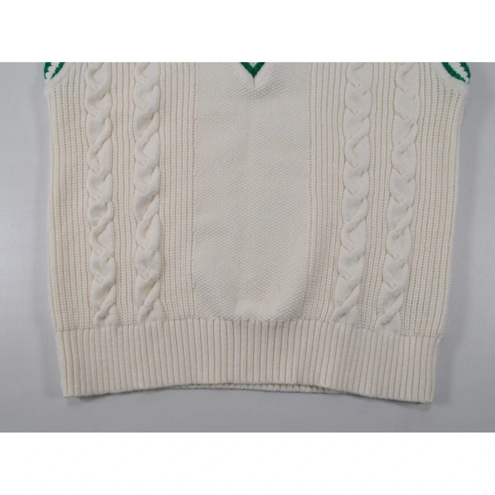 TALBOTS Sweater Vest Womens XS White Cable Knit V Neck Green Trim Preppy - Picture 7 of 13